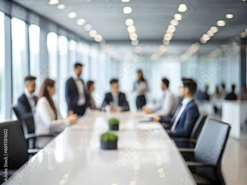 Blurred business people meeting in modern office building conference room, Generative AI