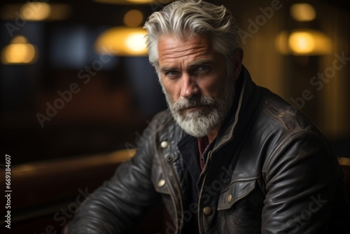 Portrait of a handsome senior man with gray hair and beard wearing a leather jacket.