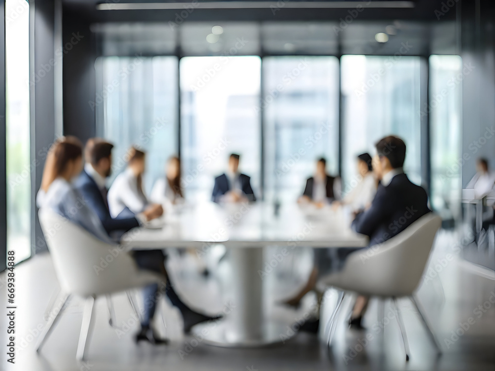 Blurred business people meeting in modern office building conference room, Generative AI