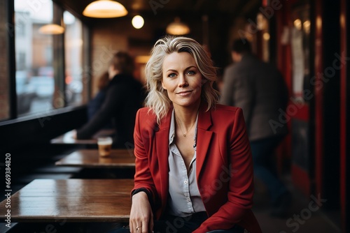 Beautiful blonde woman in a red jacket sitting in a cafe. photo