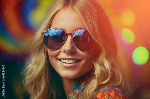 Happy smiling woman with sunglasses outdoor. Adult style hair casual fun. Generate Ai