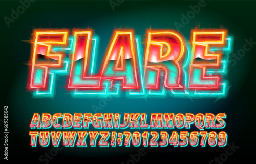Flare alphabet font. Neon light colorful letters and numbers. Stock vector typescript for your design.