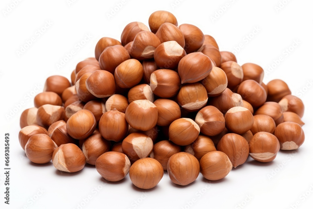 Heap of tasty hazelnuts raw seed on white background. Ivory vegetarian food kernel. Generate Ai Heap of tasty hazelnuts raw seed on white background. Ivory vegetarian food kernel. Generate Ai
