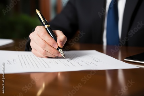 A close-up of a hand with an ink pen signing the mortgage paperwork.Paper work with business man.signing the contract