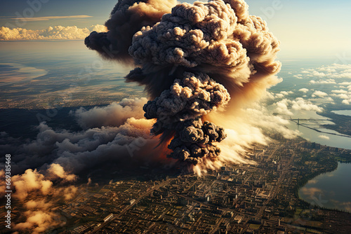 an explosion in the sky with smoke and steam coming from it's chimneys, as seen from above photo
