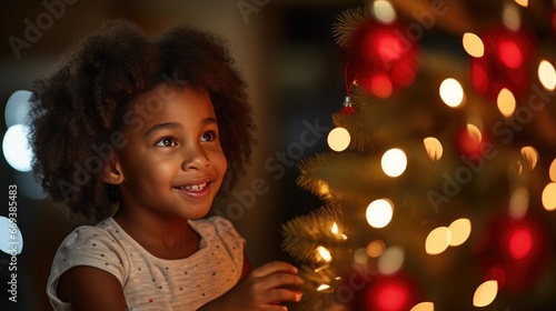 Little girl looking at camera excited smile with Christmas Tree decoration in living room night light, Hispanic child hold beautiful red christmas gift standing in front of family dinner party at home