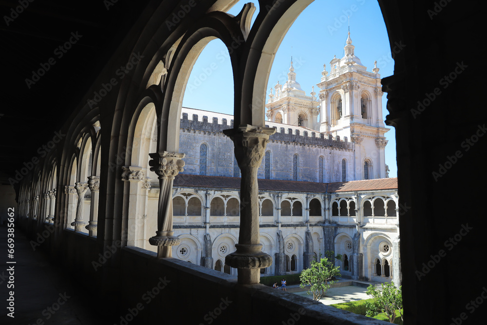 The interior of the historic Alcobasa Monastery with columns and arches, Portugal