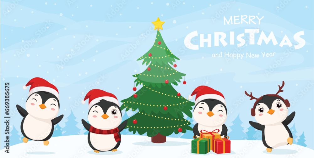 Merry Christmas and happy new year banner with set of cute penguin cartoon