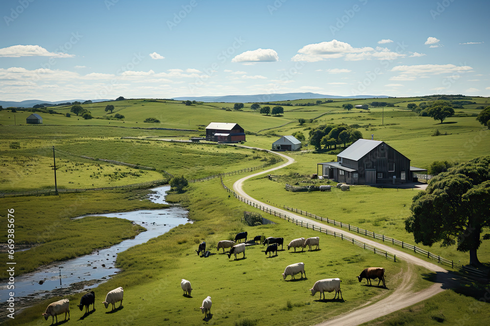 some cows grazing in the grass near a small river and farm buildings on the other side of a road that leads to an open