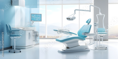 dental chair and medical diagnosis machine equipment at hospital health care dentistry as wide banner with copy space area, 3D render