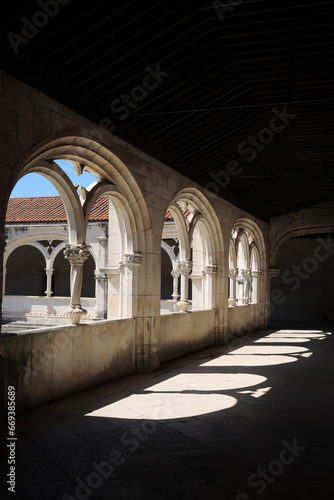 The interior of the historic Alcobasa Monastery with columns and arches  Portugal