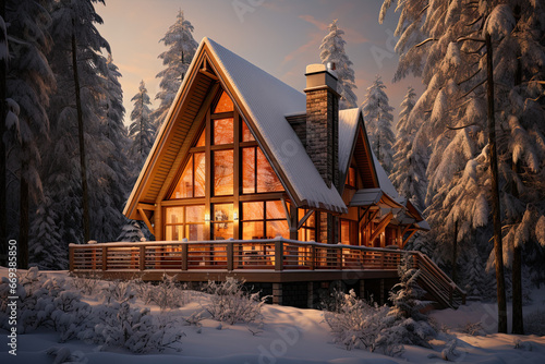 a house in the woods with snow on the ground and trees covered in snow, at sunset or sunrise time