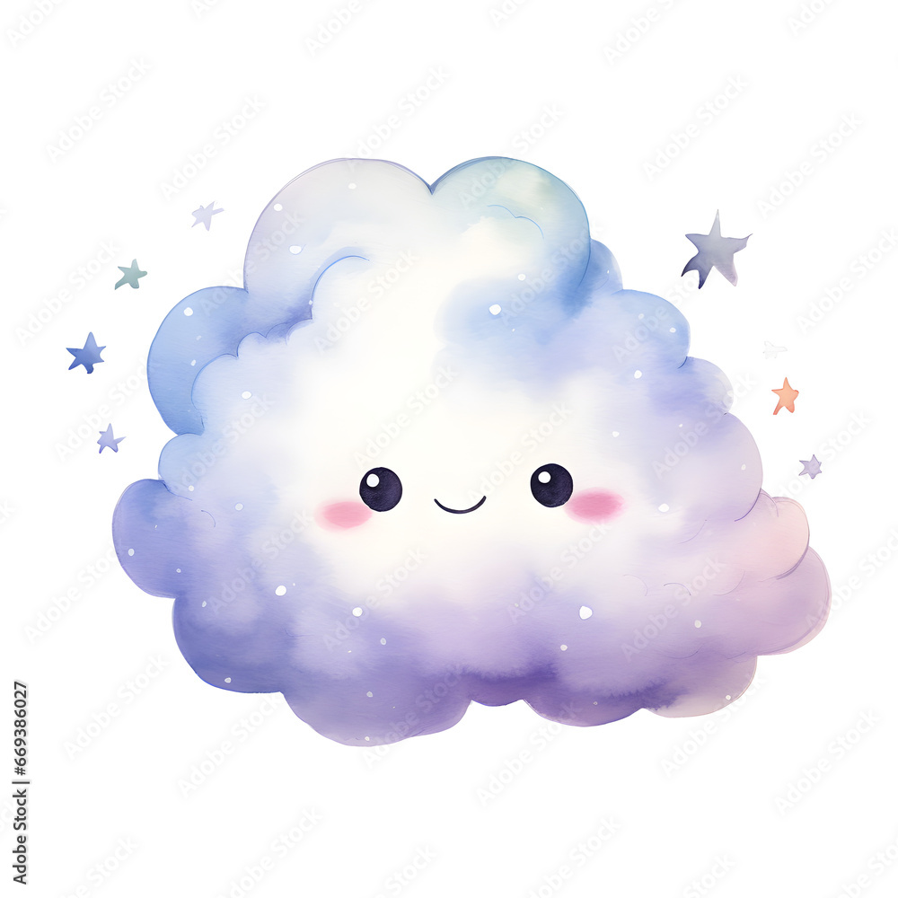 watercolour illustration, cute drawing of cloud with smiling face isolated on white background watercolour illustration, cute drawing of cloud with smiling face isolated on white background