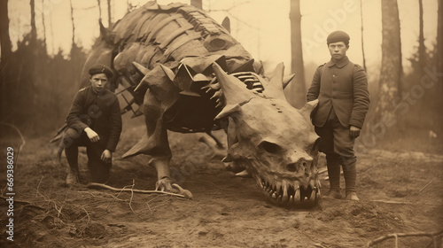 Vintage scene with two individuals and a creature.