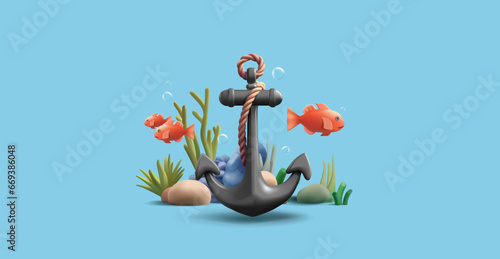 3d render illustration of underwater coral reef with fish and black sailing anchor, render cartoon diving or snorkeling composition