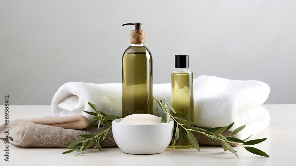 Cosmetic products with olive essential oil on light green Cosmetic products with olive essential oil on light green