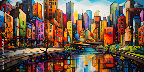 colourful painting of the city river skyline cartoon landscape background illustration