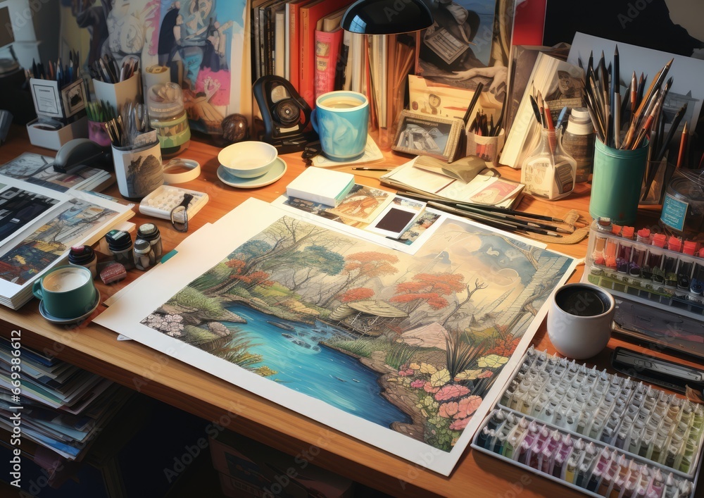 A high-angle shot of an illustrator's desk, showcasing a cluttered workspace filled with