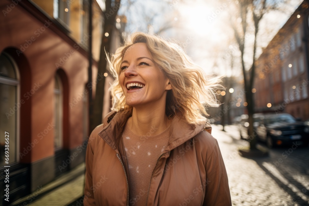 Young woman with curly blond hair laughing and looking at camera in the city Young woman with curly blond hair laughing and looking at camera in the city