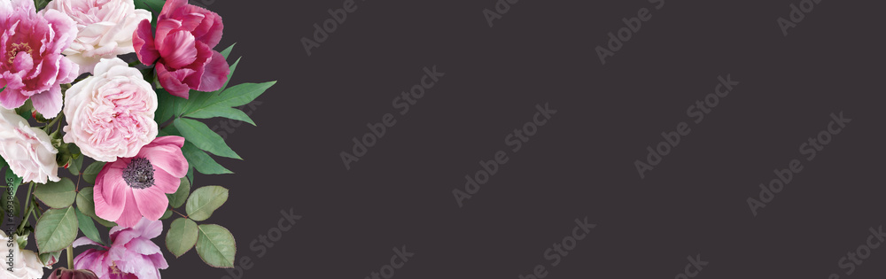 Obraz premium Floral banner, header with copy space. Roses and peony isolated on dark background. Natural flowers wallpaper or greeting card.