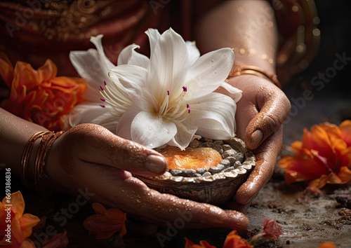 A hyperrealistic close-up of a devotee's hands offering flowers to a Shiva lingam, capturing the photo