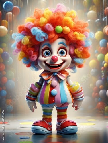 A cartoon character design of a little silly clown with a red nose, a rainbow wig, and a polka-dot outfit. AI Generative