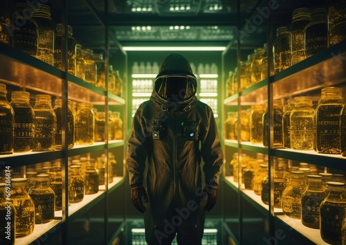 A high-key shot of an exterminator wearing a hazmat suit, standing in a brightly lit laboratory,