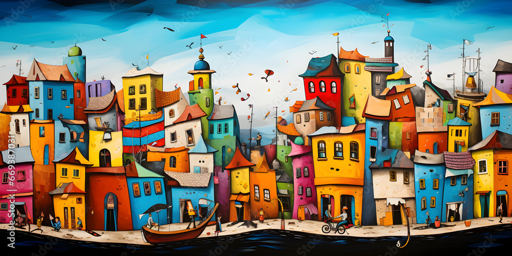 colourful painting of the city skyline cartoon landscape background illustration