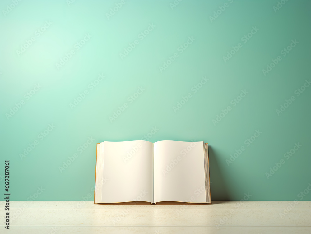 Open blank book on a light green background. Open blank book on a light green background.
