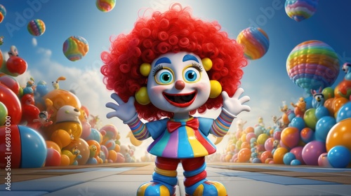 A cartoon character design of a little silly clown with a red nose, a rainbow wig, and a polka-dot outfit. AI Generative