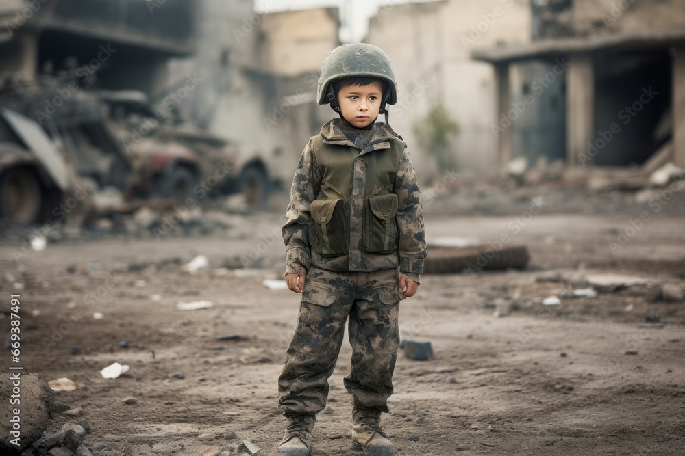Kid in military clothes standing in ruined city. Little boy in destroyed burned town. Generate ai Kid in military clothes standing in ruined city. Little boy in destroyed burned town. Generate ai