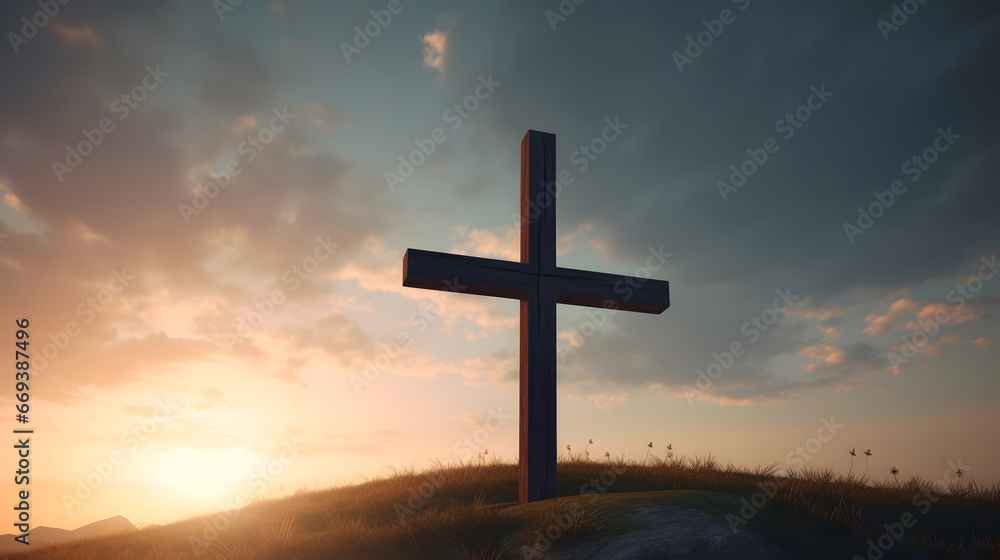 Christian wooden cross of Jesus Christ on beautiful sunset background with bright lighting. Concept banner easter resurrection. Generation AI