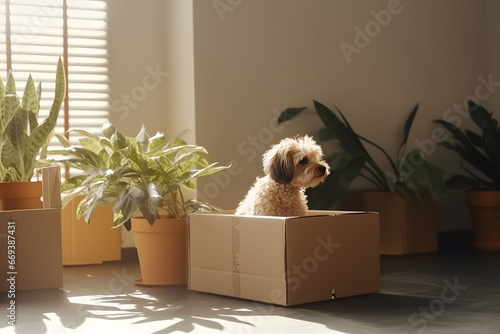 Dog in box in living room background, packing delivery. Concept relocation and moving day to new house