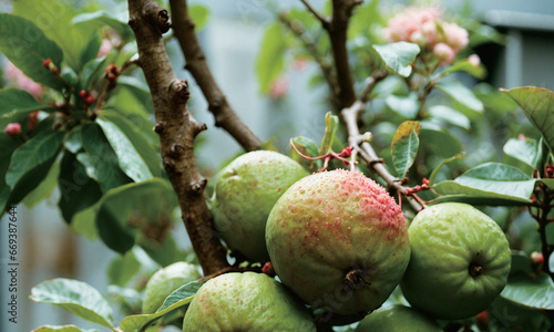 in the midle of ripe guava fruits at a branch photo