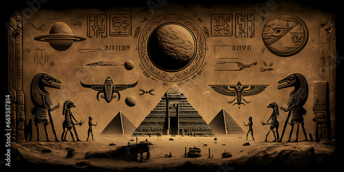Egyptian hieroglyphs, Egypts people worship aliens UFO flying saucers. Generation AI.