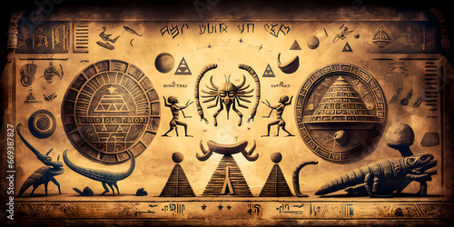 Egyptian hieroglyphs, Egypts people worship aliens UFO flying saucers. Generation AI.