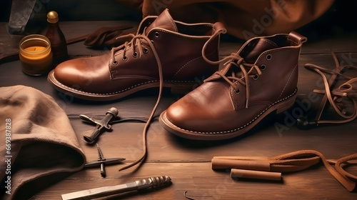 Shoemaker performs shoes in studio craft, workplace of craftsman for restoration shoe grain leather