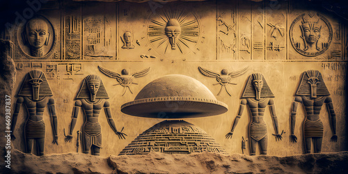 Egyptian hieroglyphs, Egypts people worship aliens UFO flying saucers. Generation AI.