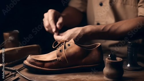Shoemaker performs shoes in studio craft, workplace of craftsman for restoration shoe grain leather photo