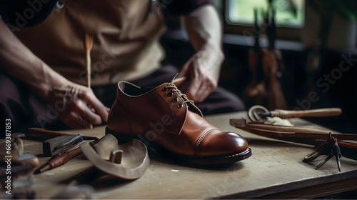 Craftsman make shoe from grain leather on workplace. Shoemaker performs shoes in studio craft photo