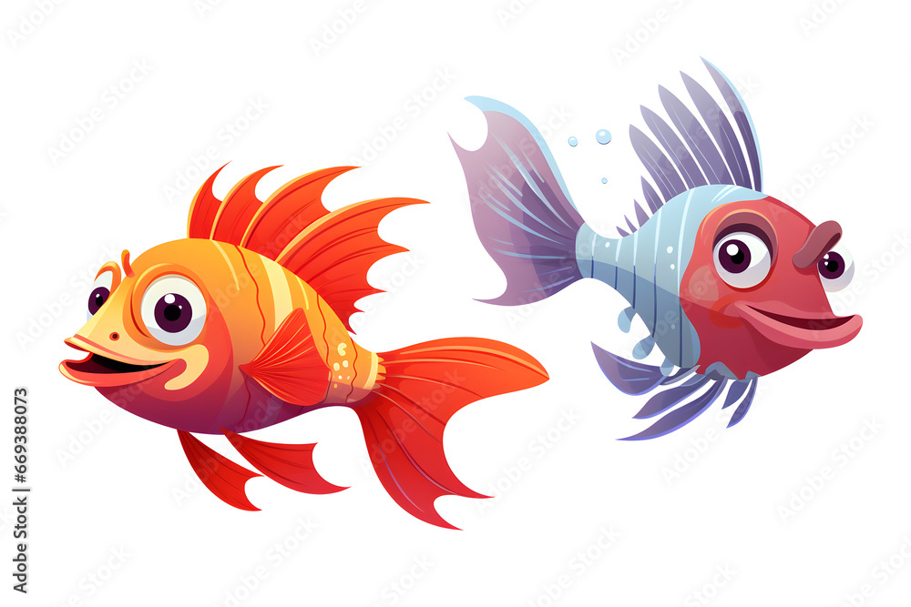 two colourful fish vector style illustration on white background in cute simple cartoon style