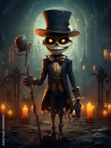 A cartoon character design of a spooky skeleton with a black top hat, a bow tie, and a cane. AI Generative