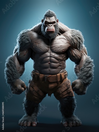 A cartoon character design of a strong gorilla with a muscular body. AI Generative © Horsi