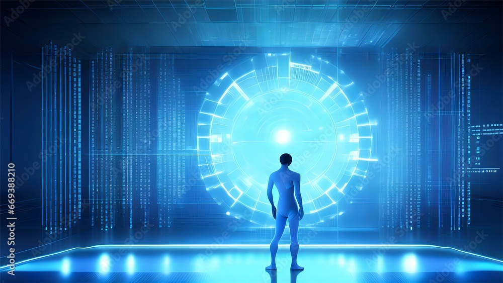 A person is in front of the sci-fi film workbench at the large screen booth with a blue technology background A person is in front of the sci-fi film workbench at the large screen booth with a blue technology background