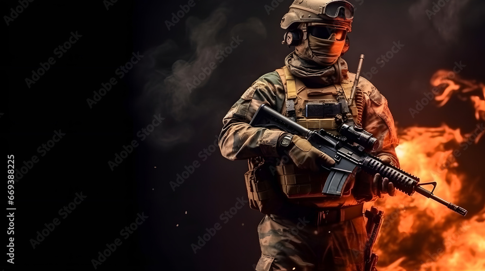 Military soldier dressed in uniform with rifle against flame fire, black background. Generation AI. Military soldier dressed in uniform with rifle against flame fire, black background. Generation AI.