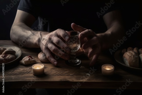 Male hands with glass on table at last religious supper. Bible spiritual moment Jesus with twelve apostles. Generate ai photo