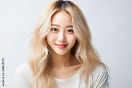 Beautiful blonde asian female model with perfect clean skin smiling in the camera on clean white background in the studio