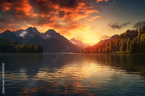 summer sunrise on lake with mountain range © cong