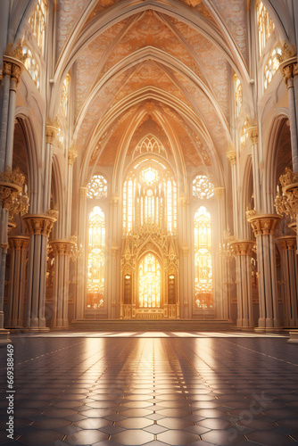 Inside of a gothic cathedral with wooden floor and carved stone