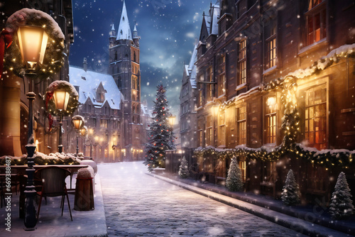 Beautiful romantic Christmas market in an old European city in the night photo
